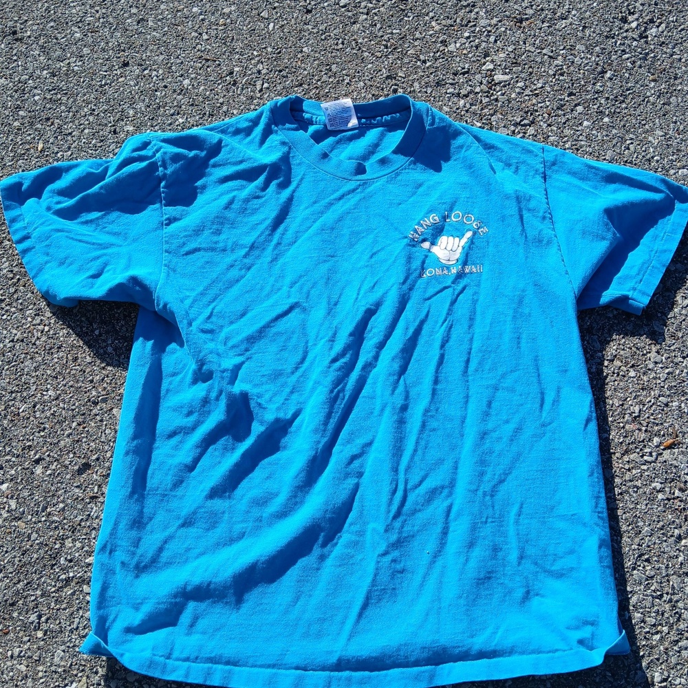 Hang Loose Kona Hawaii Shirt Mens Large Blue Graphic Short Sleeve Surf Shaka Tee